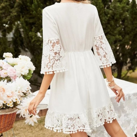 Shabby Chic Lace Pompom Trim Trumpet Sleeve Ruffle Hem Dress white - Picture 3 of 6